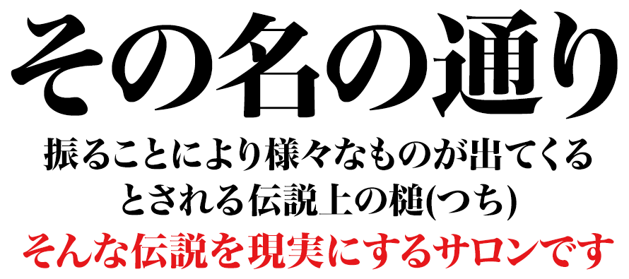 その名の通り、振ることにより様々なものが出てくるとされる伝説上の槌(つち)。そんな伝説を現実にするサロンです